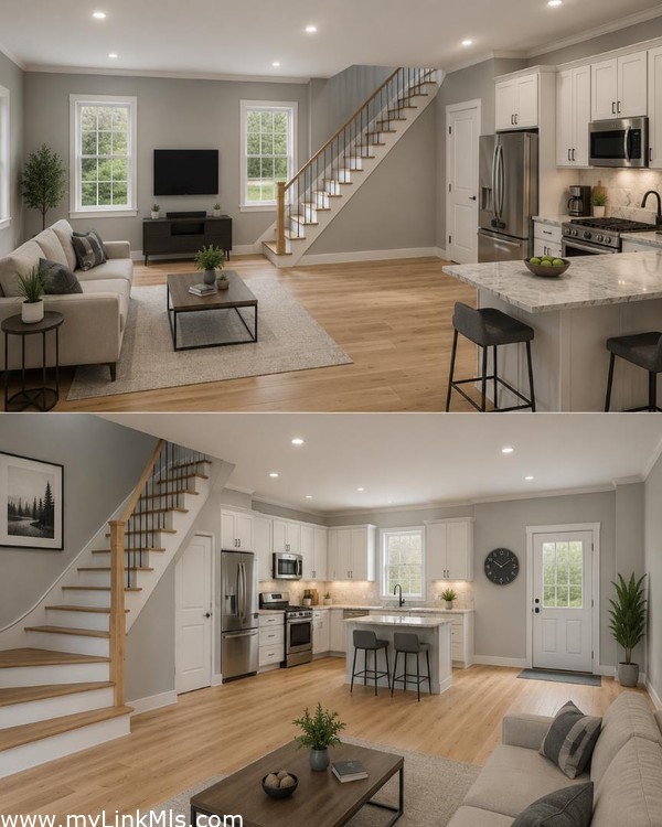 Empty 1 Stall Garage= 288 Square Feet with AI generated images representing a finished lower level