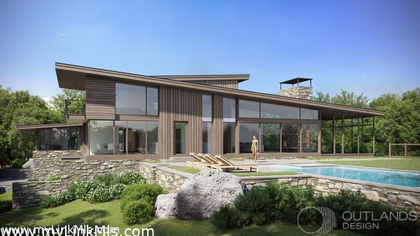 The design vision of the home includes large windows, a screened porch, and an infinity pool facing the stunning water views.