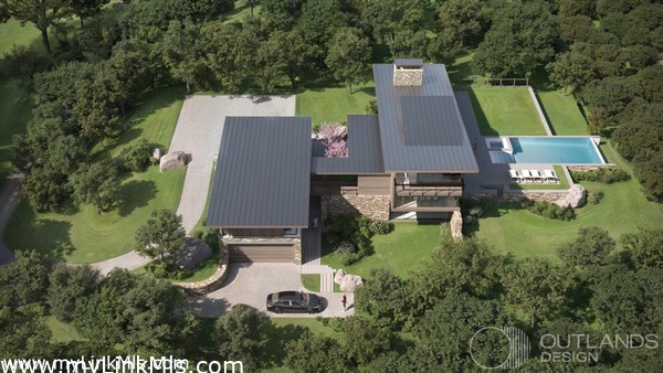 The architectural vision for a house include an infinity pool and landscaping.