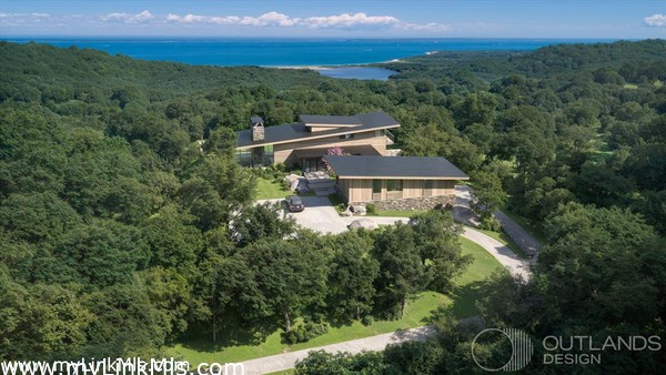 Architectural rendering - CGI image - of a potential dwelling with pool and driveway that's possible respecting the designated building envelope and view easements.