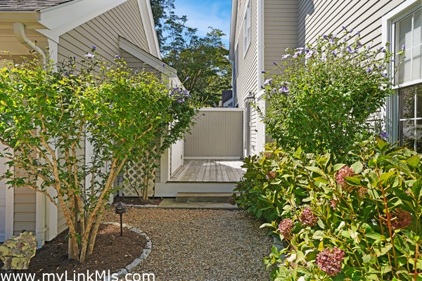 Walkway from driveway to side entrance, outdoor shower and storage shed