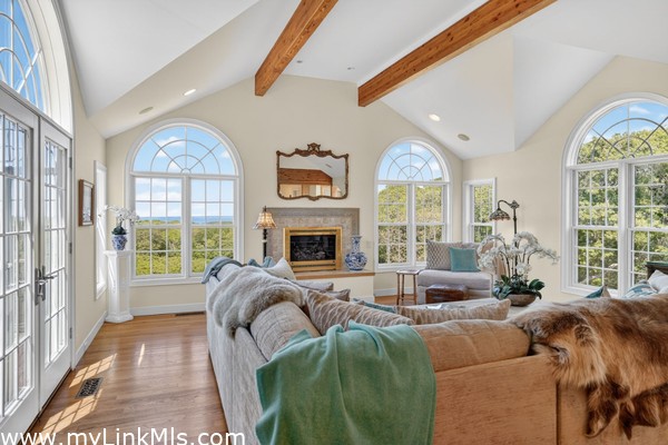 The heart of the home features an expansive, light-filled living room anchored by a beautiful fireplace