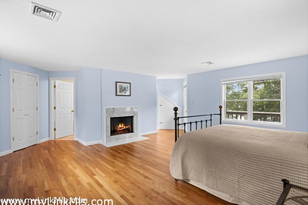 Featuring a wood-burning fireplace and water views