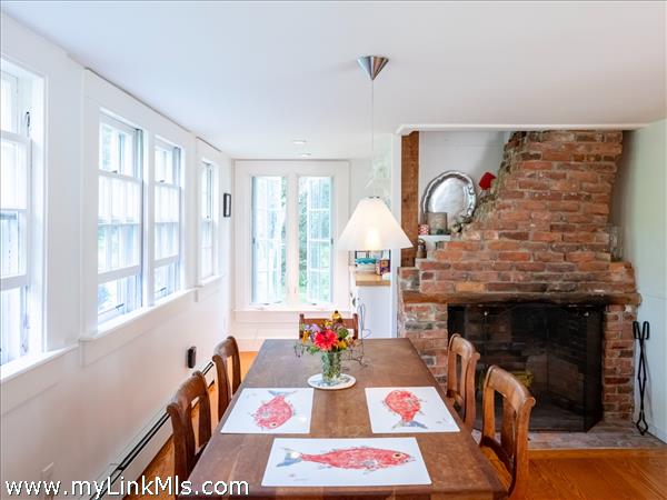 fireplace in the kitchen/dining room